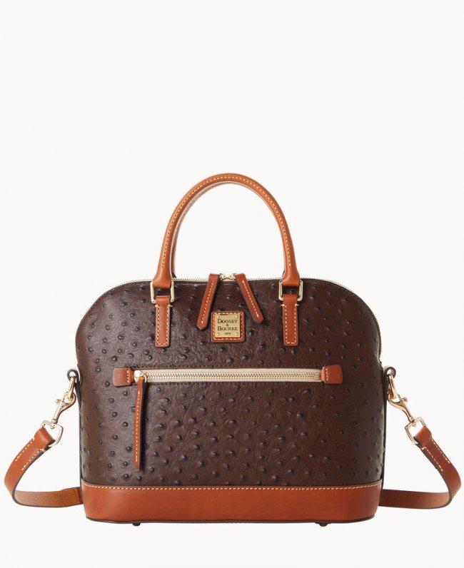 Dooney Ostrich Domed Zip Satchel Brown Tmoro ID-lnjdEdkH